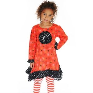 Jelly The Pug Halloween Spider Orange and Black printed dress, size 3T
